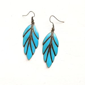 Turquoise Teal Blue Feather Drop Earrings Gold